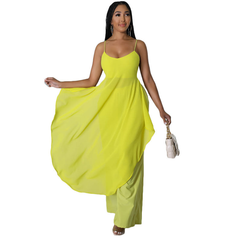 Summer Women Clothing Solid Color Overall Skirt Set Mesh Stitching Two Piece Sets Sexy by Ragazza