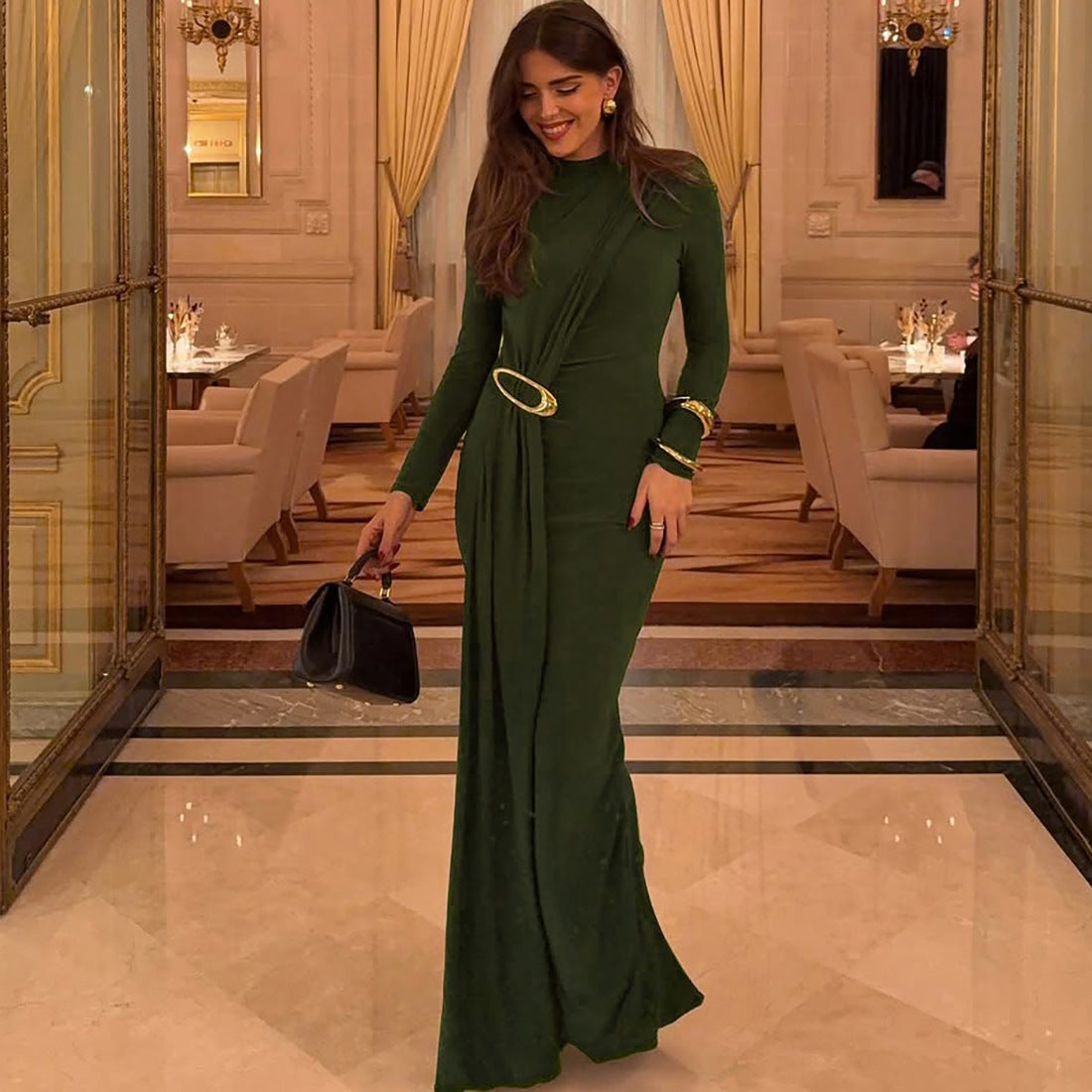Autumn Winter Women Elegant Slim Formal Dress Solid Color Ribbon Dress