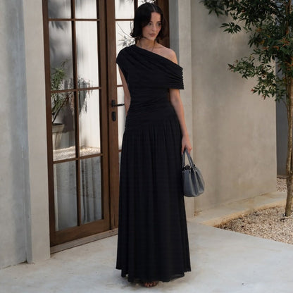 Women Clothing Spring Arrival Fashionable Sexy Diagonal Collar Pleated Asymmetrical Solid Color Dress  DestGlow
