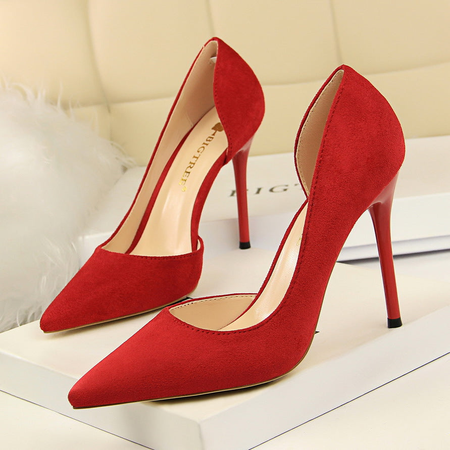 Simple Stiletto Heel Suede Shallow Mouth Pointed Toe Sexy Nightclubs Thinner Side Hollow Out Cutout Pumps  DestGlow