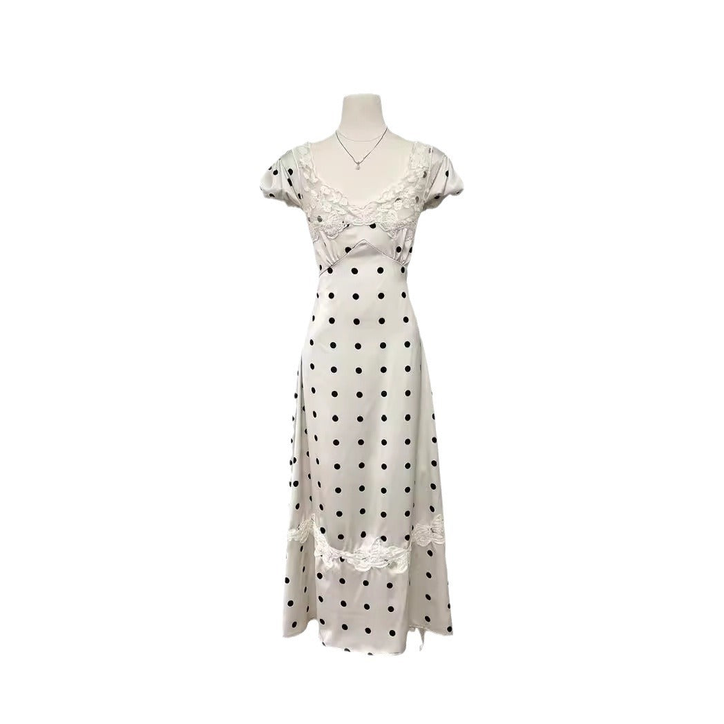 French Lace Stitching Satin Polka Dot Dress Niche Backless Birthday Formal Dress by Ragazza