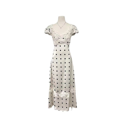 French Lace Stitching Satin Polka Dot Dress Niche Backless Birthday Formal Dress by Ragazza