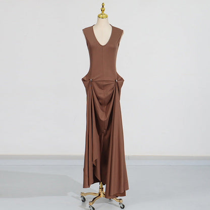 Sexy Sleeveless Dress Summer U Collar Fitted Waist Pleated Design Solid Color Dress Women by Ragazza