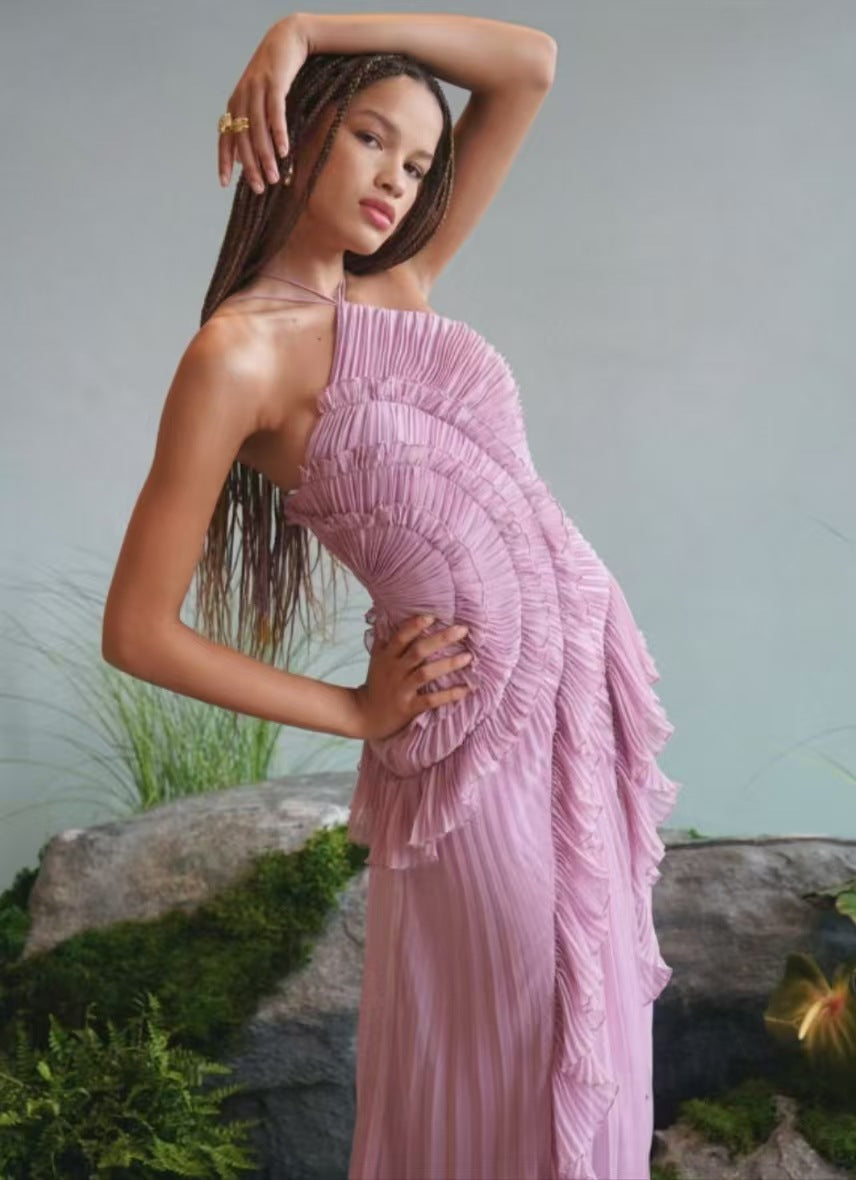 Spring Summer Pleated Ruffled Halter Backless a Swing Chiffon Elegant Dress by Ragazza