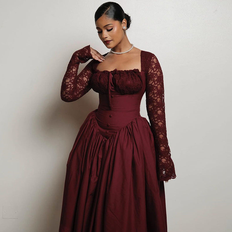 Women Clothing Spring Square Collar Lace Long Sleeve Waist Solid Color Mid Length Dress by Ragazza