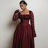 Women Clothing Spring Square Collar Lace Long Sleeve Waist Solid Color Mid Length Dress by Ragazza