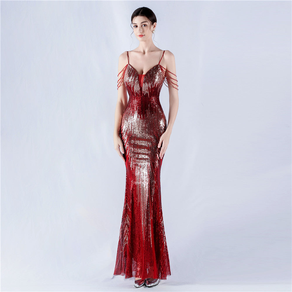 Dress Positioning Floral Sequin Craft Beaded Strap Evening Dress by Ragazza