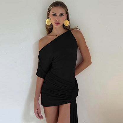 Women Clothing Spring Solid Color Sexy Oblique Shoulder Single Sleeve Asymmetric Ribbon Skinny Hip Dress by Ragazza