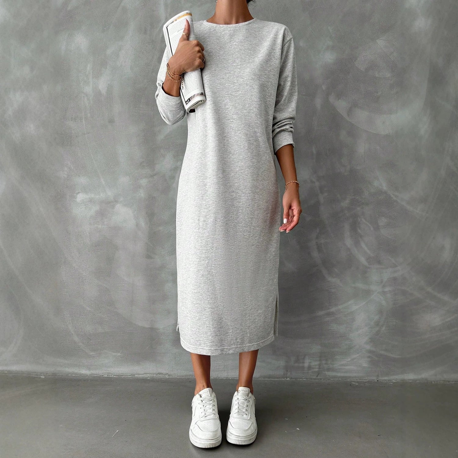 Solid Color Long-Sleeved Dress Women Spring Autumn Idle Drop Shoulder Sweater Dress All Matching Base Straight Midi Dress  DestGlow