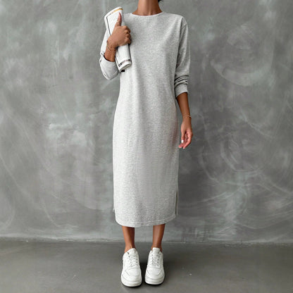 Solid Color Long-Sleeved Dress Women Spring Autumn Idle Drop Shoulder Sweater Dress All Matching Base Straight Midi Dress  DestGlow