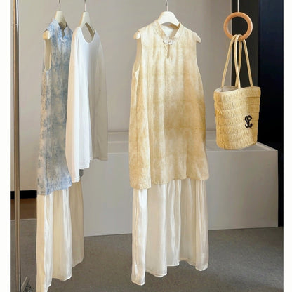 High Grade Buckle Jacquard Stand Collar Sleeveless Dress Women Summer Faux Two Pieces Patchwork Dress  DestGlow