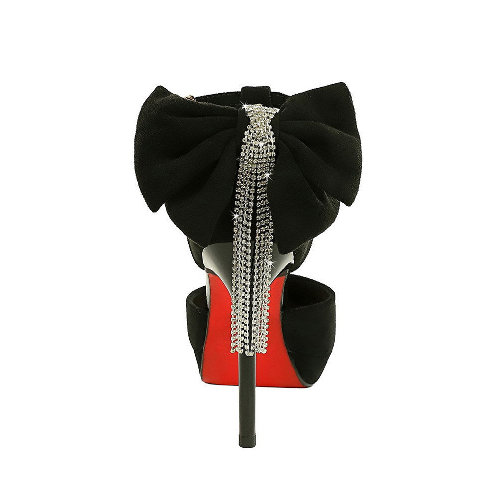 Cocktail Black Platform Pointed Toe Buckle Suede Back Bow Rhinestone Sandals  DestGlow