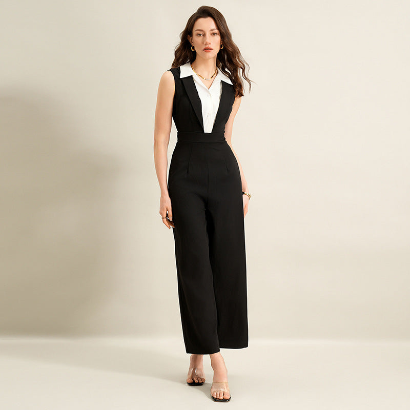 Summer Faux Two Piece Black White Color Stitching Turnover Neck Sleeveless Jumpsuit for Women（Without belt） by Ragazza