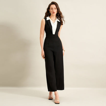 Summer Faux Two Piece Black White Color Stitching Turnover Neck Sleeveless Jumpsuit for Women（Without belt） by Ragazza