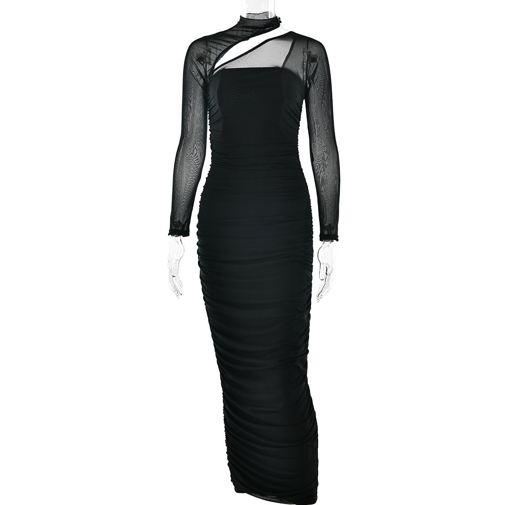 Women Dress Mesh round Neck Long Sleeve Backless Tube Top Slim Fit Pleated Dress by Ragazza