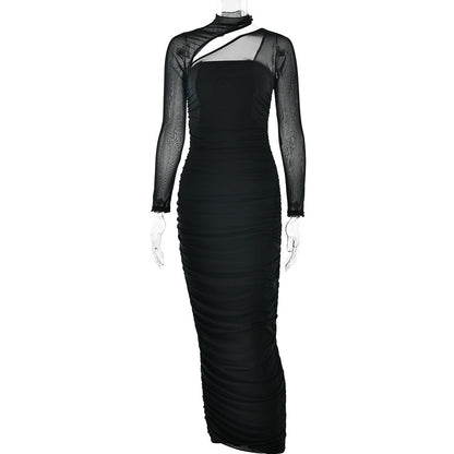 Women Dress Mesh round Neck Long Sleeve Backless Tube Top Slim Fit Pleated Dress by Ragazza