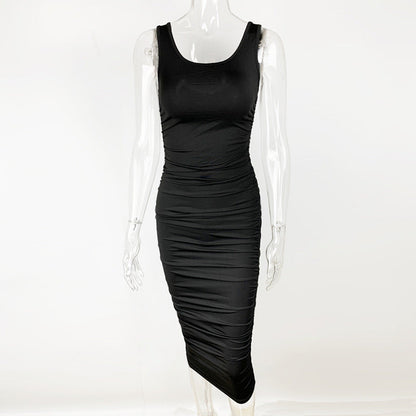 Summer Sexy Women Wear Solid Color Tight Backless Sleeveless Pleated Dress by Ragazza