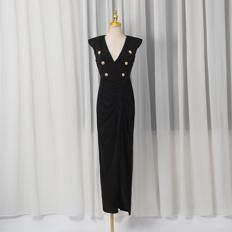 Spring V neck Sleeveless Design Split Dress Tight Waist Slimming Metal Decorative Dress Women by Ragazza