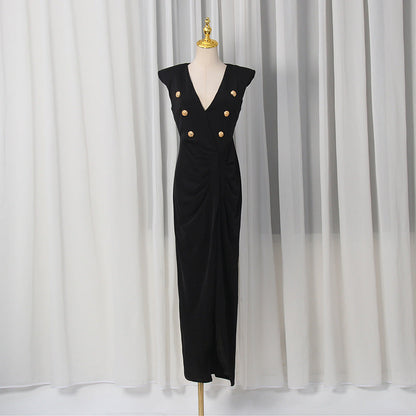 Spring V neck Sleeveless Design Split Dress Tight Waist Slimming Metal Decorative Dress Women by Ragazza