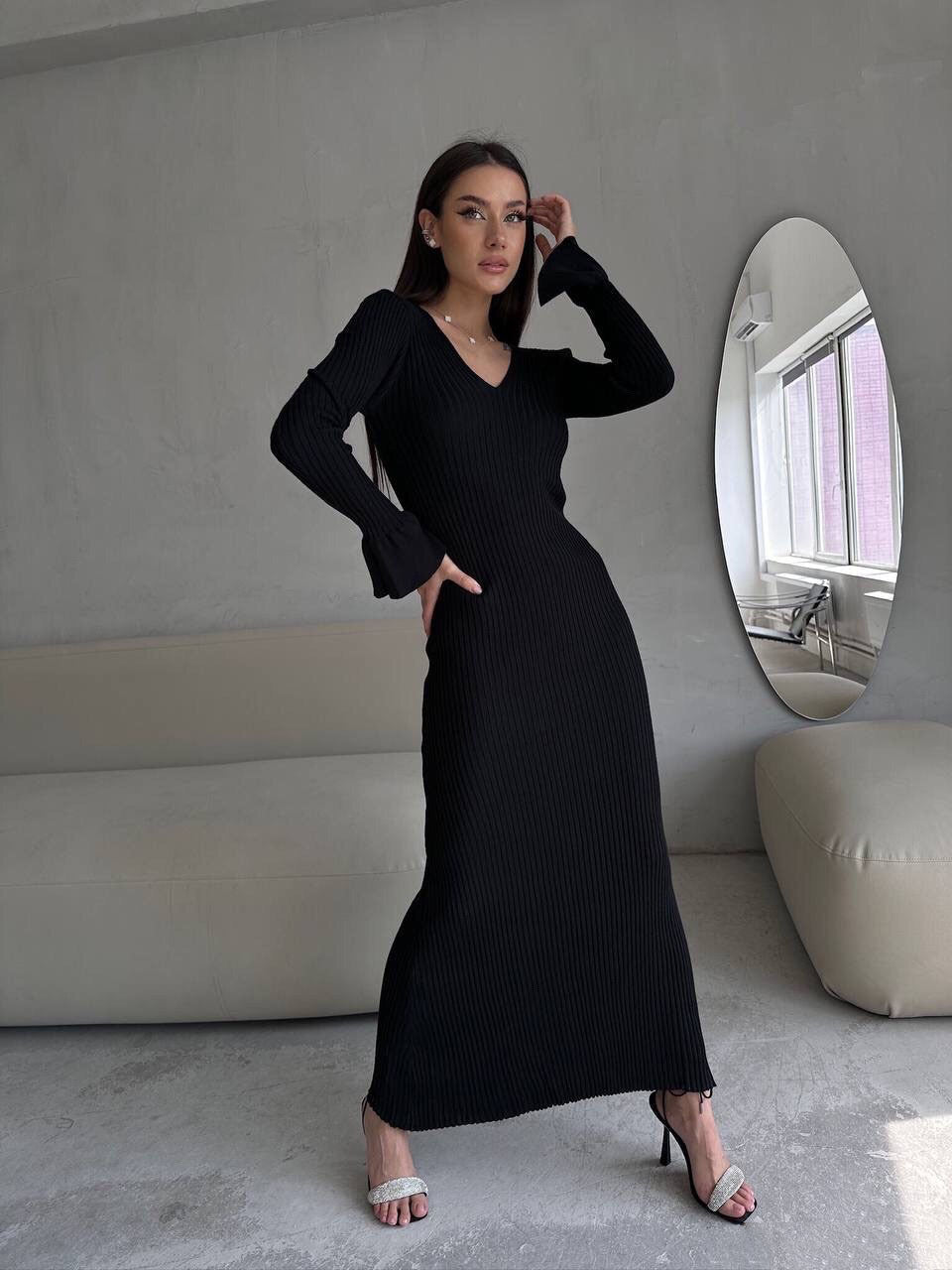 Long Sleeve V neck Tight Knitted Dress Solid Color Rib Fabric Wool Long Autumn Winter Dress by Ragazza