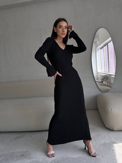 Long Sleeve V neck Tight Knitted Dress Solid Color Rib Fabric Wool Long Autumn Winter Dress by Ragazza