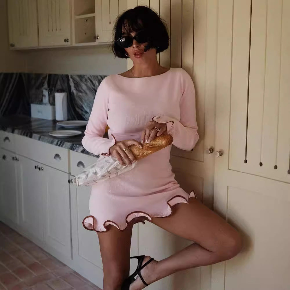 Wave Edge Dress Sexy Tight Wooden Ear Curling Knitted Dress Long Sleeve Ball Autumn Winter by Ragazza