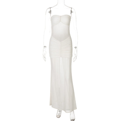 Mesh Stitching Dress Summer Women Sexy off Neck Tube Top Dress by Ragazza