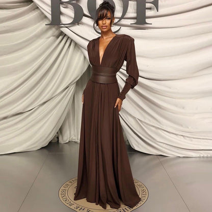 Spring Summer Chocolate Design Waist Seal Pleated Dress Brown Women Dress by Ragazza