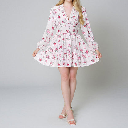 Spring Women Clothing Sweet Elegance Printed V neck Lace Waist Trimming Short Dress by Ragazza