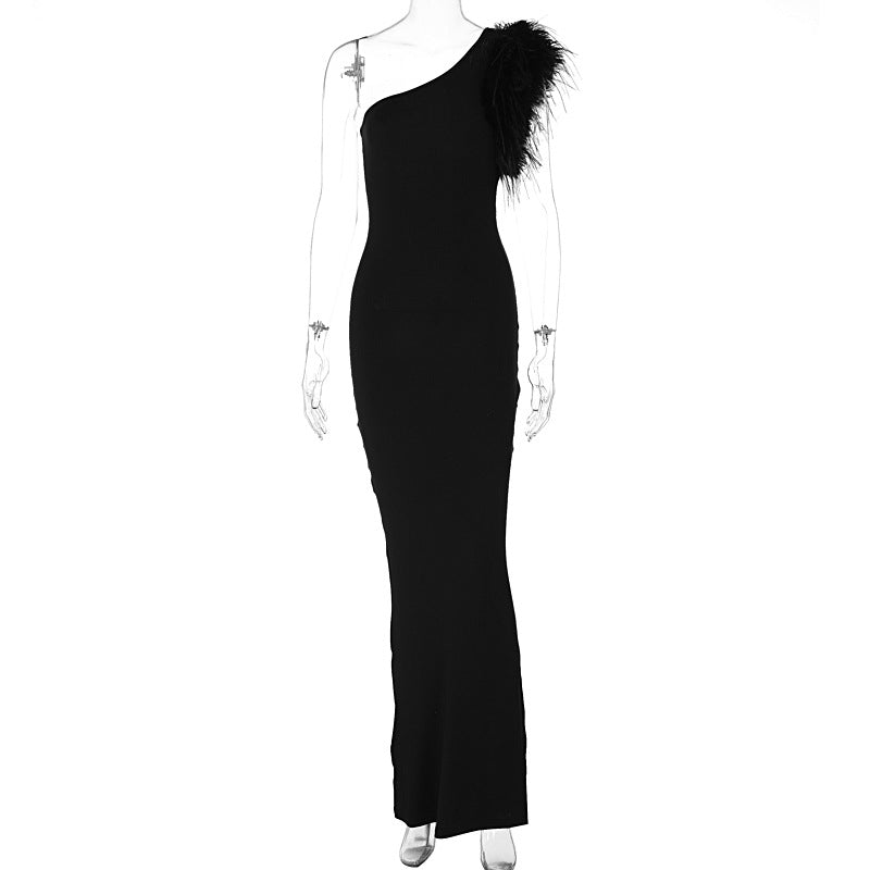 Dress Elegant Noble Solid Color Shoulder Stitching Feather Slim Slimming Long Evening Dress for Women by Ragazza