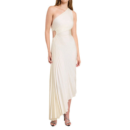 Women Clothing One Shoulder Diagonal Collar Pleated Hollow Out Cutout Dress by Ragazza