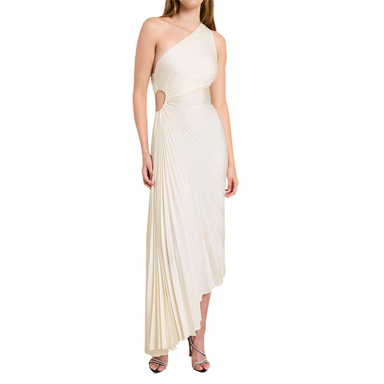 Women Clothing One Shoulder Diagonal Collar Pleated Hollow Out Cutout Dress by Ragazza