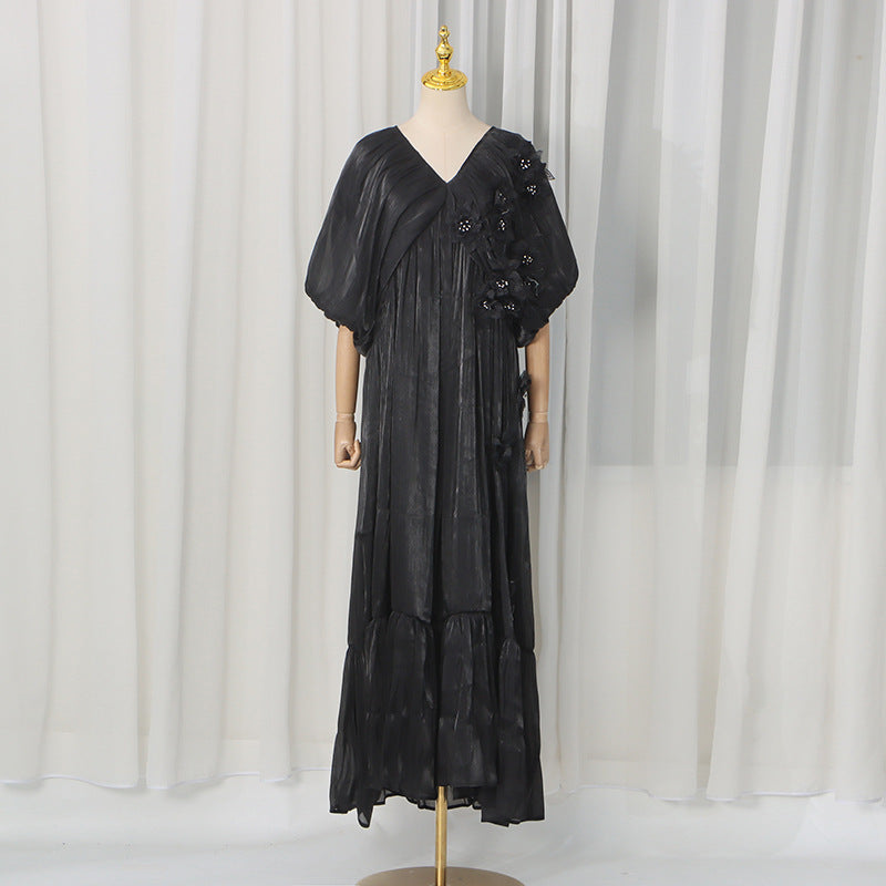 Romantic Vacation Maxi Dress Spring V neck Drop Shoulder Batwing Sleeve Stitching Three Dimensional Floral Dress  DestGlow