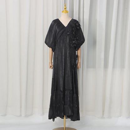 Romantic Vacation Maxi Dress Spring V neck Drop Shoulder Batwing Sleeve Stitching Three Dimensional Floral Dress  DestGlow