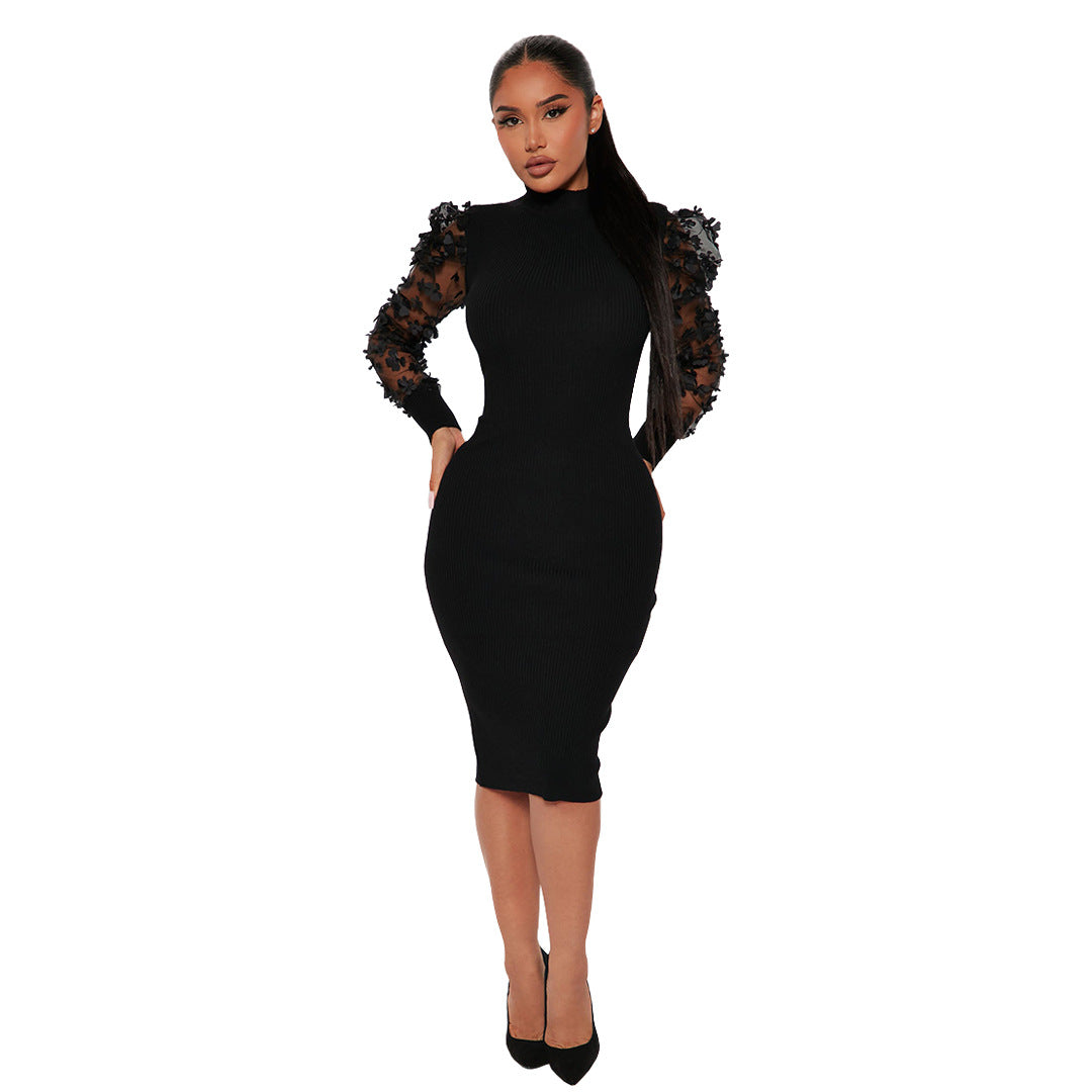 Women Clothing Three Dimensional Petals Mesh Sleeves Rib Fabric One Piece Collar Dress by Ragazza