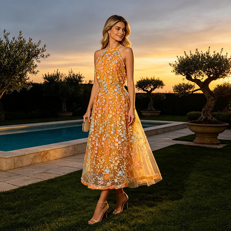 Seaside Vacation Maxi Dress Summer Embroidered Halter Light Luxury High Grade Slim Dress Women  DestGlow
