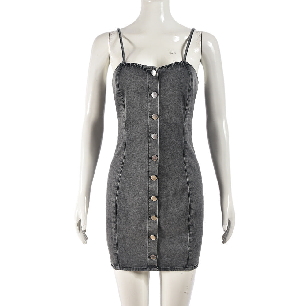 Stretch Denim Dress Single Breasted Corset Sexy Sling Denim Distressed Short Hip Dress by Ragazza