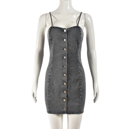 Stretch Denim Dress Single Breasted Corset Sexy Sling Denim Distressed Short Hip Dress by Ragazza