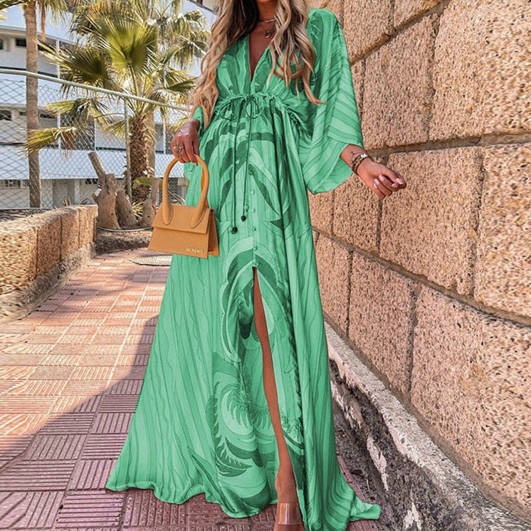 Women Clothing Spring Summer Casual Vacation V neck Printed Dress by Ragazza