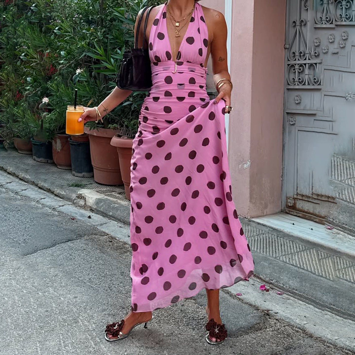 Casual Vacation Polka Dot V neck Halter Dress Women Backless Lace up Waist Slimming Maxi Dress by Ragazza