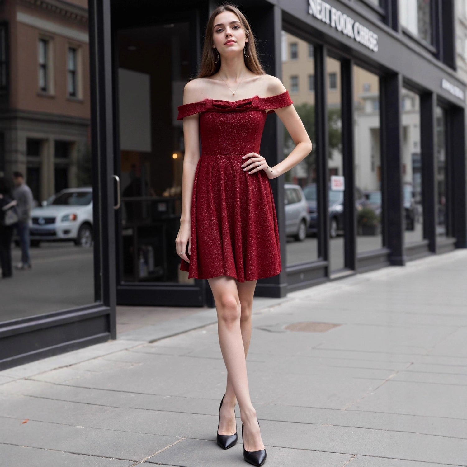 Christmas Dress Sexy Evening Dress Thin Glittering Bow off Shoulder Pleated Dress by Ragazza
