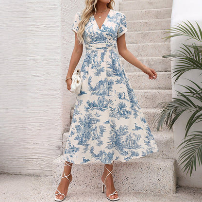 Elegant Retro Pastoral Landscape Printing V neck Waist Dress  DestGlow