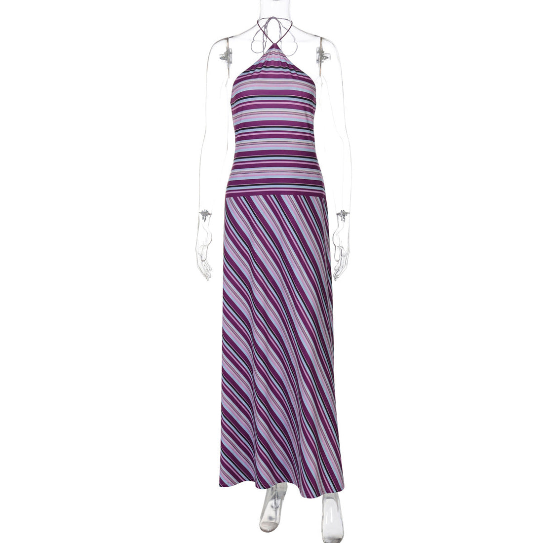 Women Clothing Summer Printed Striped Contrast Color Backless Slender Loose Sexy Dress by Ragazza