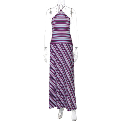 Women Clothing Summer Printed Striped Contrast Color Backless Slender Loose Sexy Dress by Ragazza
