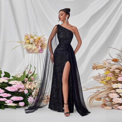 Shoulder Sequined Evening Dress Mesh Ribbon High Slit Design the Dinner Party Stage Maxi Dress by Ragazza