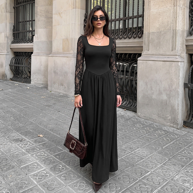 Elegant Lightly Mature Black Square Collar Lace Long Sleeve Dress  DestGlow