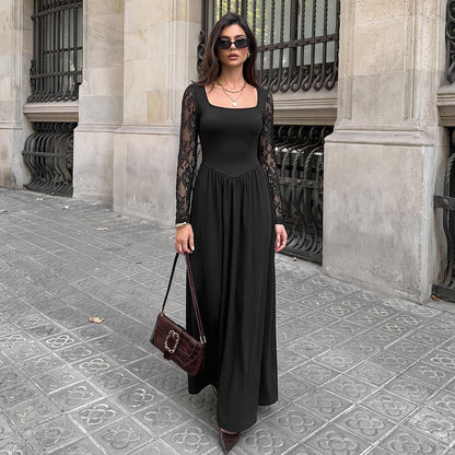 Elegant Lightly Mature Black Square Collar Lace Long Sleeve Dress  DestGlow