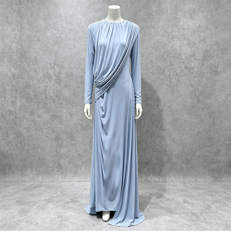 Dinner Light Luxury Formal Dress Autumn round Neck Stitching Pleated Nipped Waist Slimming Dress Women by Ragazza