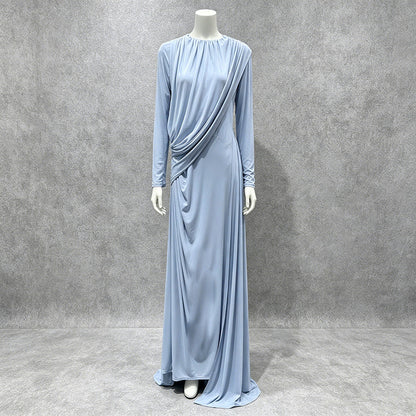 Dinner Light Luxury Formal Dress Autumn round Neck Stitching Pleated Nipped Waist Slimming Dress Women by Ragazza