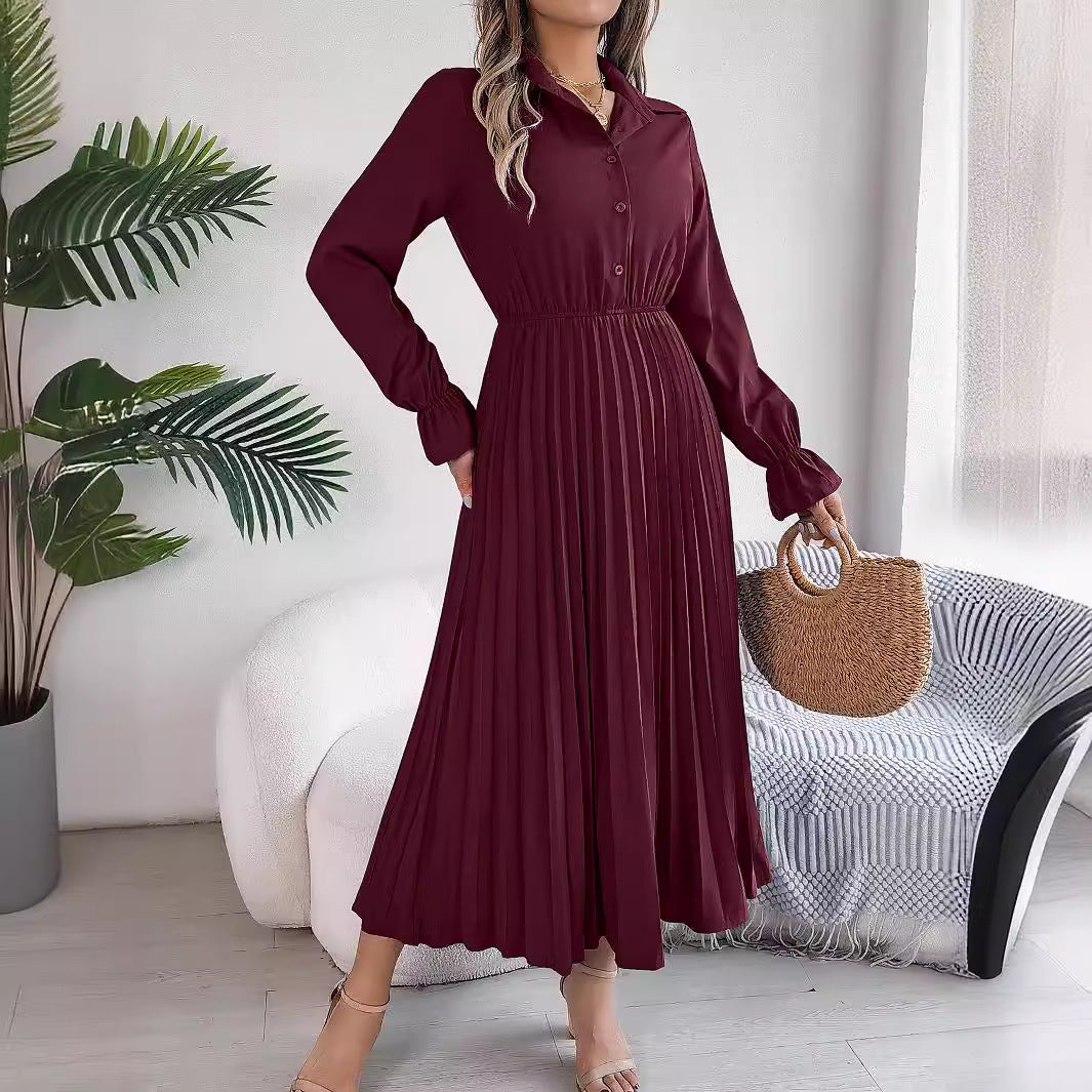 Autumn Winter Casual Collared Button Long Sleeve Cinched Pleated Maxi Dress Women Clothing by Ragazza